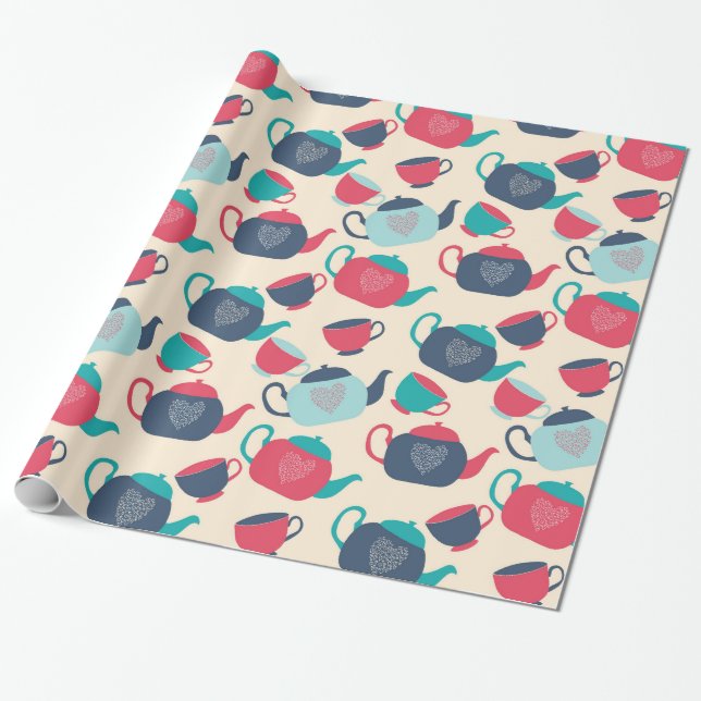 Blue And Red Teapots and Tea Cups Wrapping Paper (Unrolled)