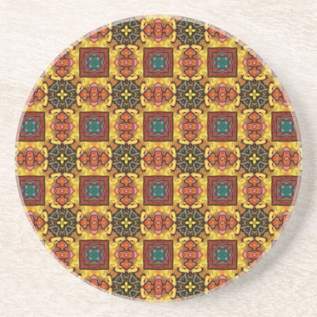 Blue and Red Tiles Oulined in Gold 2 Sandstone Coaster (Front)