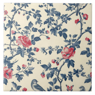Blue and Red Toile de Jouy floral Ceramic Tile