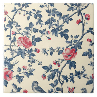 Blue and Red Toile de Jouy floral Ceramic Tile