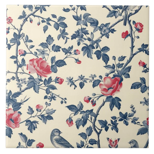 Blue and Red Toile de Jouy floral Ceramic Tile (Front)