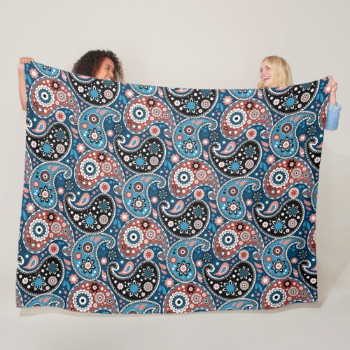 Blue and Red Traditional Paisley Print Pattern Fleece Blanket