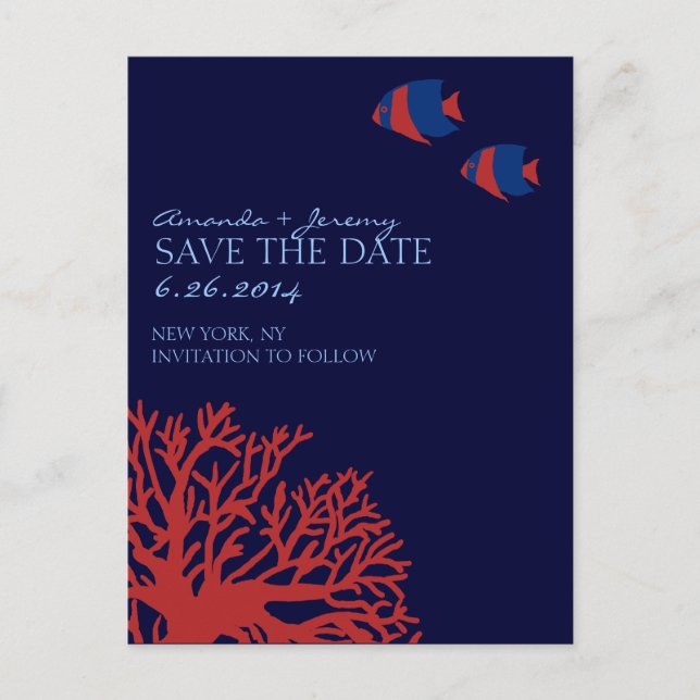 Blue and Red Tropical Fish  Save the Date Announcement Postcard (Front)