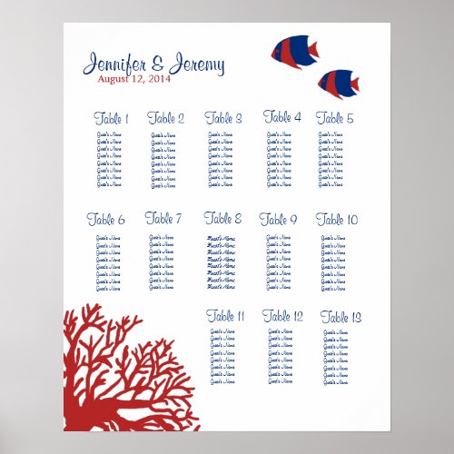 Blue and Red Tropical Fish Seating Chart 16x20