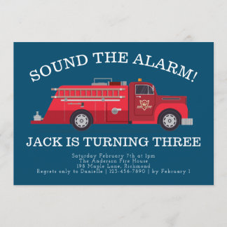 Blue and Red Vintage Fire Engine Boys Birthday Invitation