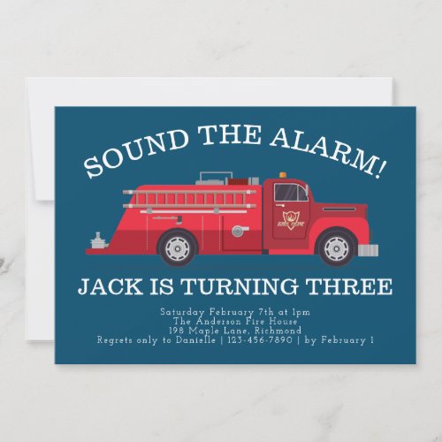 Blue and Red Vintage Fire Engine Boys Birthday Invitation