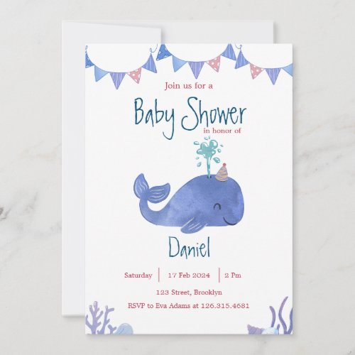 Blue and Red Watercolor Cute Whale Baby Shower Invitation