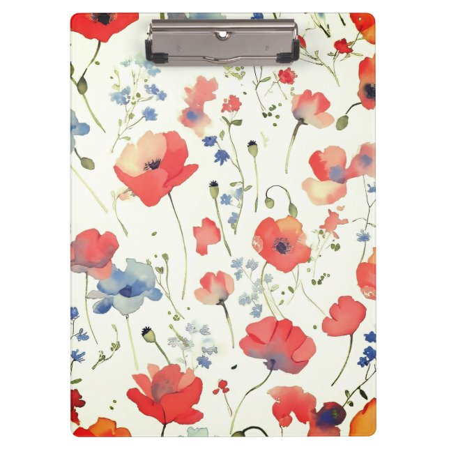 Blue and Red Watercolor Flowers Clipboard (Front)