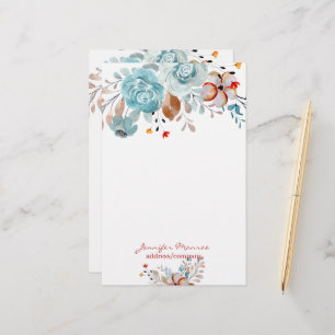Blue and red watercolor flowers personalized stationery