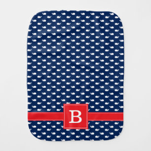 Blue and Red Whimsical Whales Pattern Monogram Baby Burp Cloth