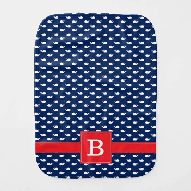 Blue and Red Whimsical Whales Pattern Monogram Baby Burp Cloth (Front)