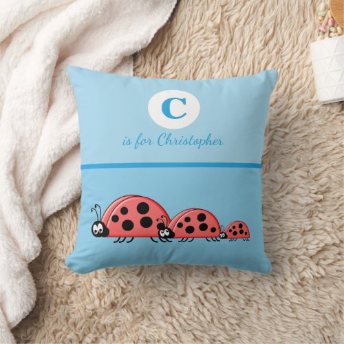 Blue and red with a cute ladybird family baby name throw pillow
