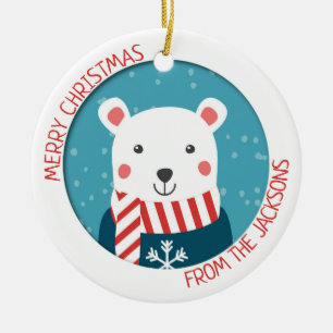 Blue and red with polar bear snowy christmas ceramic ornament