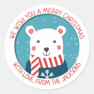 Blue and red with polar bear snowy christmas classic round sticker