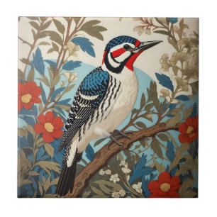Blue And Red Woodpecker Nature Inspired Bird Ceramic Tile