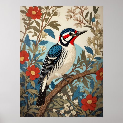 Blue And Red Woodpecker Nature Inspired Bird Poster