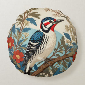 Blue And Red Woodpecker Nature Inspired Bird Round Pillow
