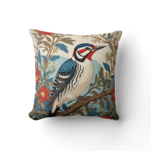 Blue And Red Woodpecker Nature Inspired Bird Throw Pillow