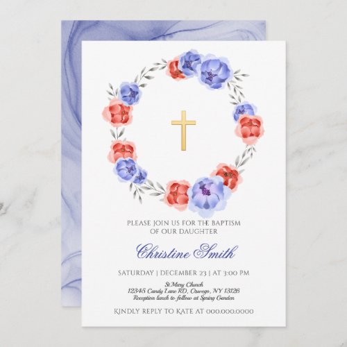 Blue And Red Wreath Floral Girl Boy Baptism Invitation