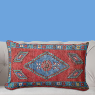 Blue and Rose Antique Turkish Oriental Rug Design Lumbar Pillow
