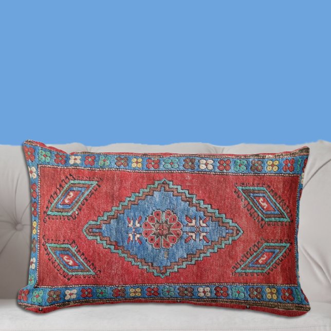 Blue and Rose Antique Turkish Oriental Rug Design Lumbar Pillow (Creator Uploaded)