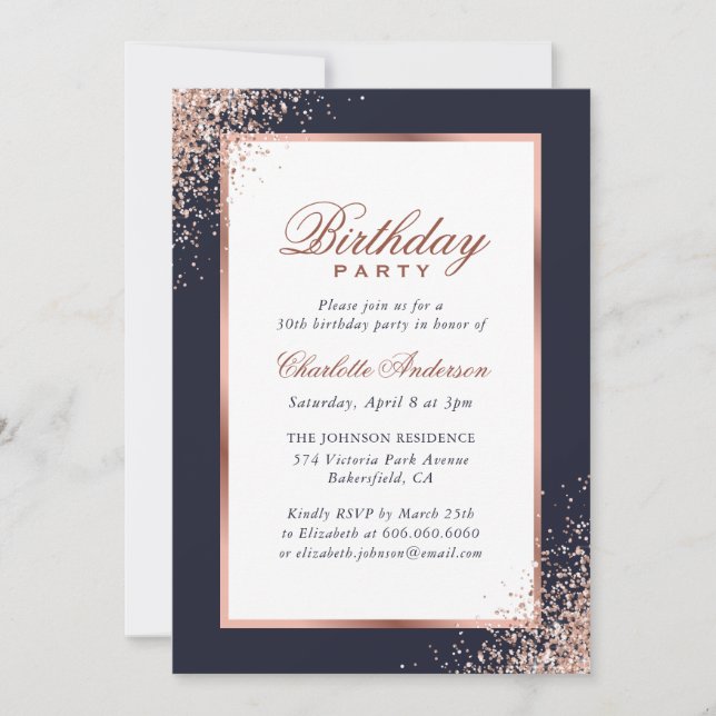 Blue and Rose Gold Confetti Birthday Party Invitation (Front)