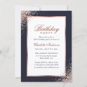 Blue and Rose Gold Confetti Birthday Party Invitation