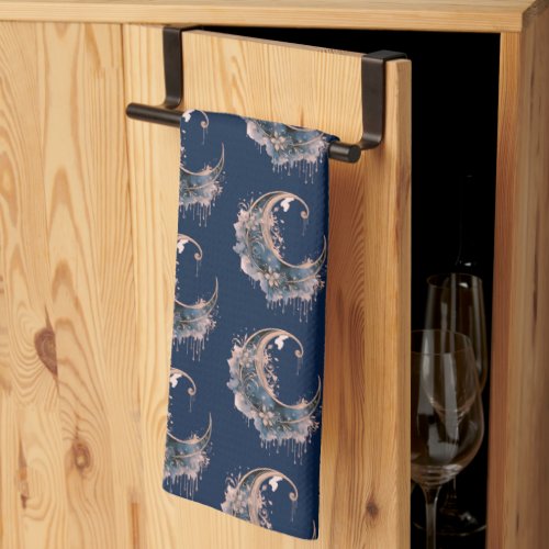 Blue and Rose Gold Crescent Moon Pattern Halloween Kitchen Towel