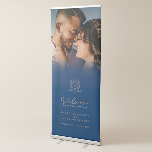 Blue and rose gold crown monogram wedding photo retractable banner (3/4)
