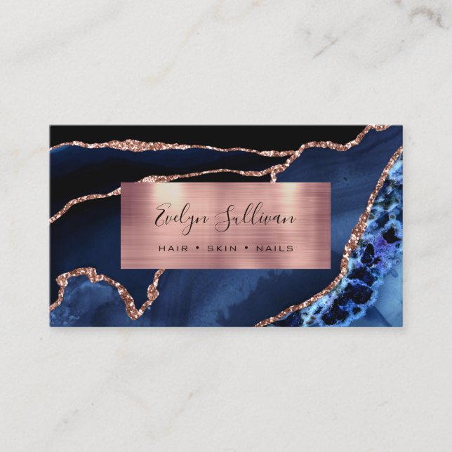 Blue and Rose Gold Foil Agate  Business Card (Front)