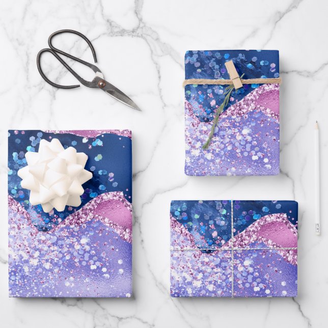Blue and Rose Gold Glitter Agate Wrapping Paper Sheets (Front)