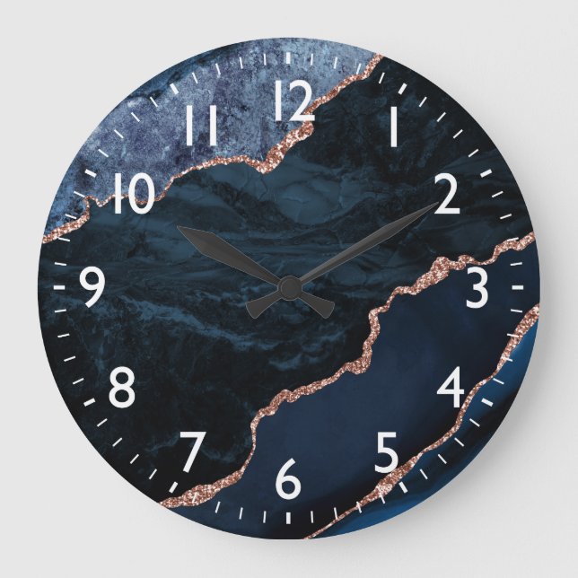 Blue and Rose Gold Glitter Marble Agate Large Clock (Front)