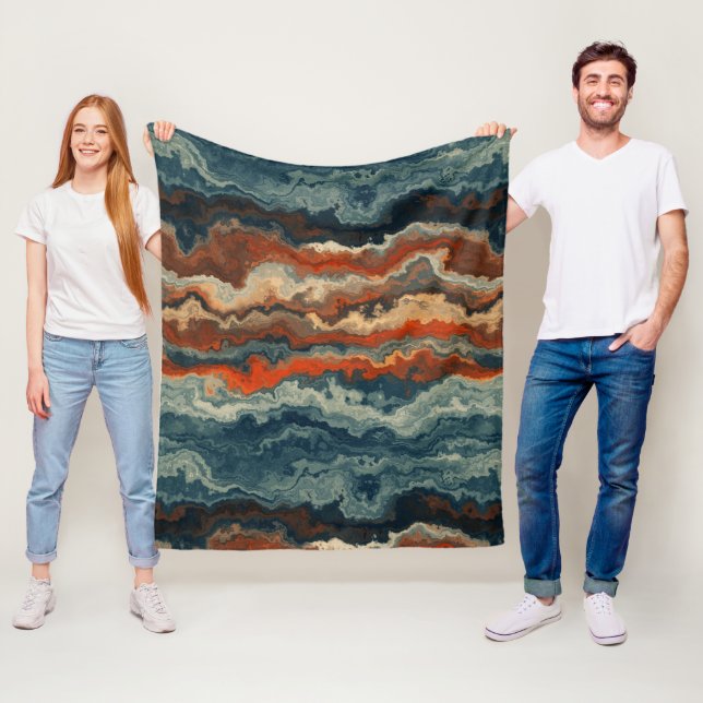 Blue and Rust Abstract Fleece Blanket (In Situ)
