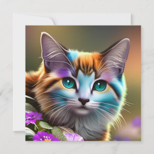 blue and rust calico cat and flowers