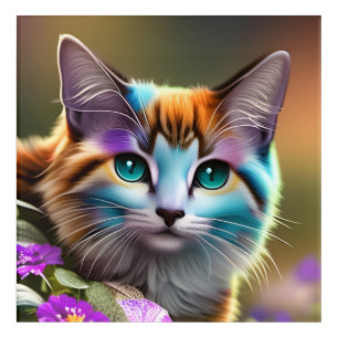 blue and rust calico cat and flowers acrylic print