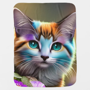 blue and rust calico cat and flowers baby blanket