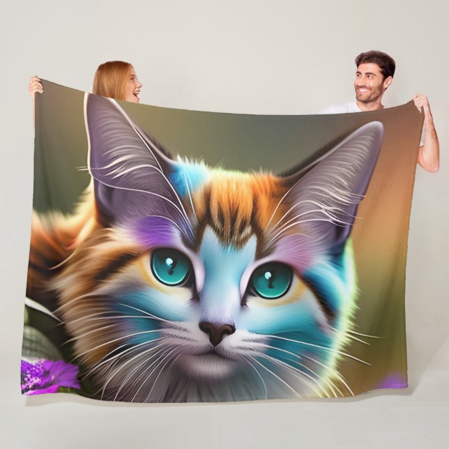 blue and rust calico cat and flowers  fleece blanket (In Situ)