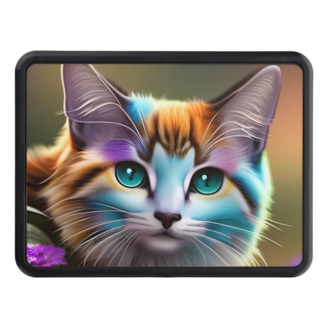 blue and rust calico cat and flowers  hitch cover (Front)