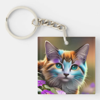 blue and rust calico cat and flowers keychain
