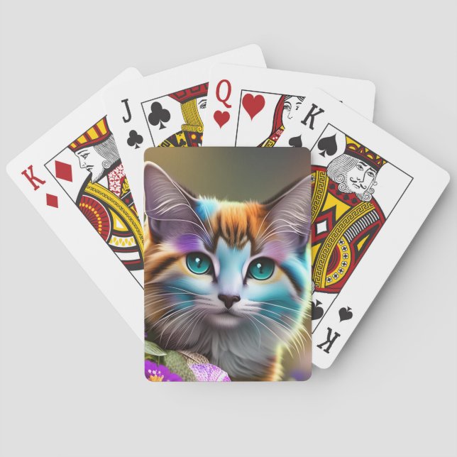 blue and rust calico cat and flowers poker cards (Back)