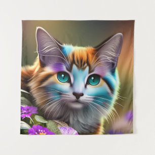 blue and rust calico cat and flowers tapestry