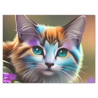 blue and rust calico cat and flowers
