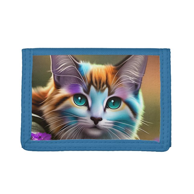 blue and rust calico cat and flowers  trifold wallet (Front)