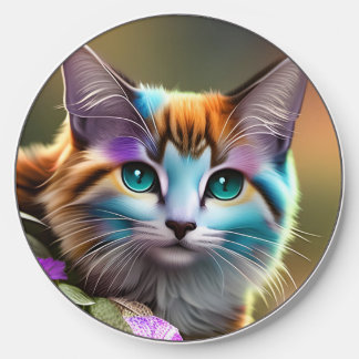 blue and rust calico cat and flowers wireless charger