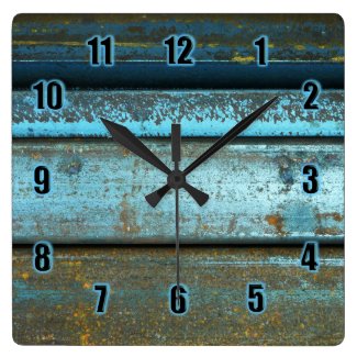 Blue and rust rugged weathered rusted metal square wall clock