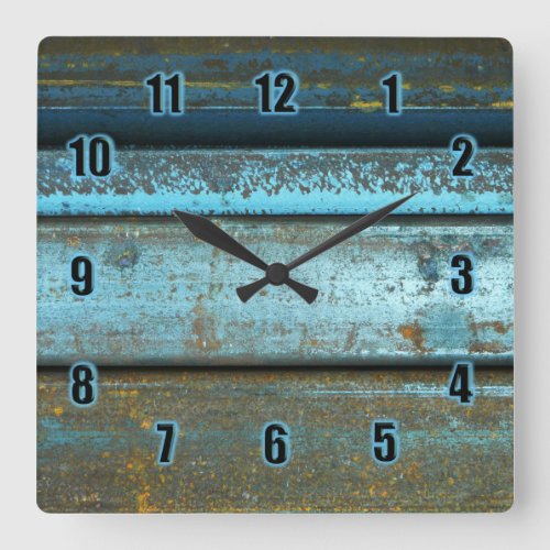 Blue and rust rugged weathered rusted metal square wall clock