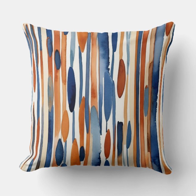 Blue and rusty orange abstract stripes throw pillow (Front)