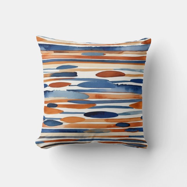 Blue and rusty orange abstract stripes throw pillow (Front)