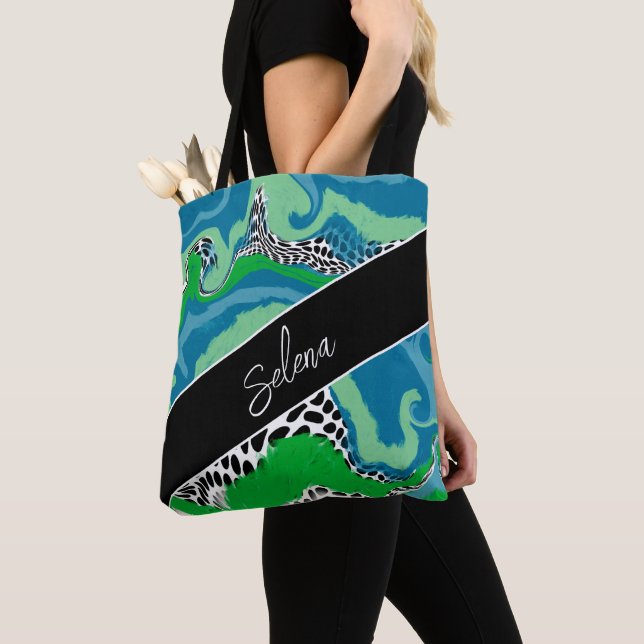 Blue and Sage Green Fluid Art Personalized Tote Bag (Close Up)