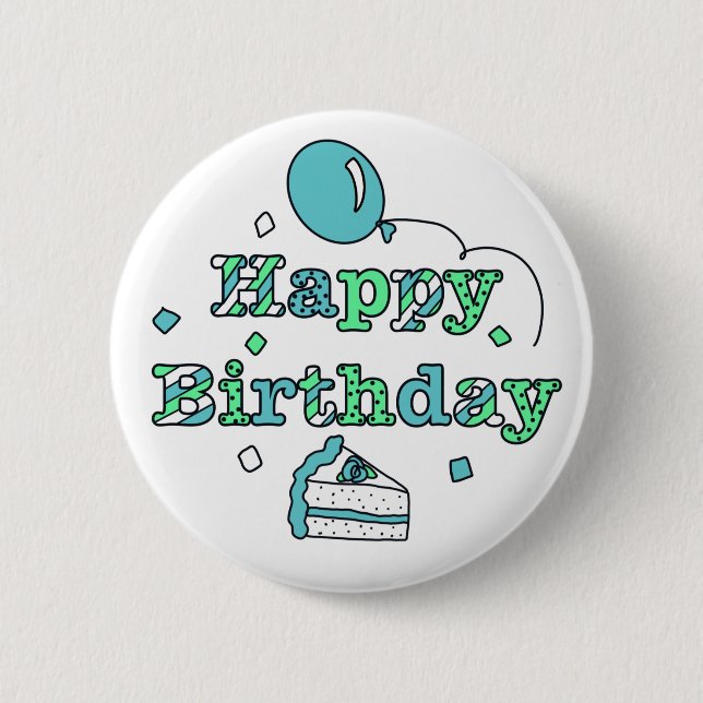 Blue and Sage Green Happy Birthday   Button (Front)